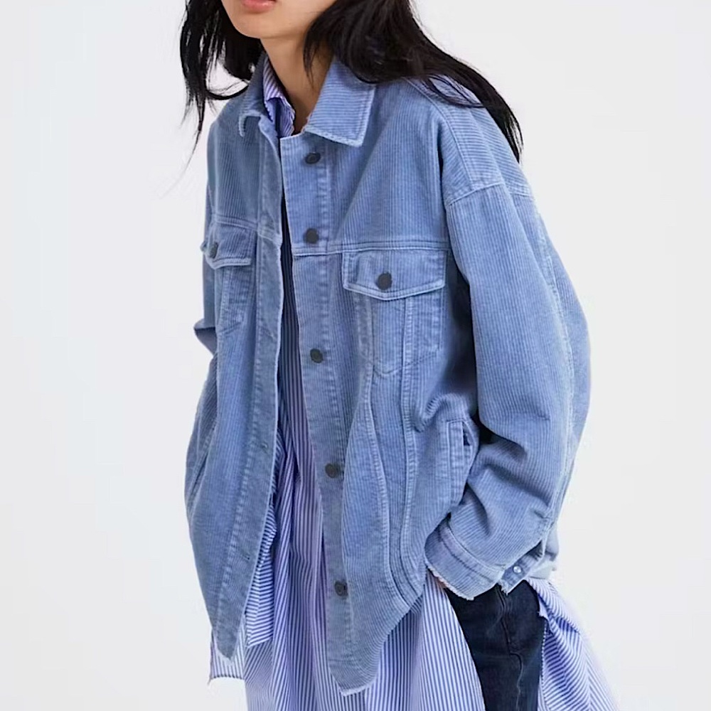 ZARA Corduroy Jacket Women’s XS Oversized Pale Blue Button Raw Hem